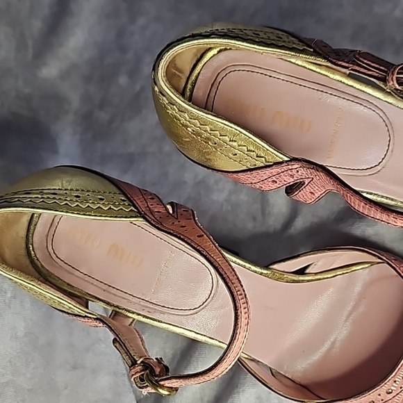 Miu Miu Gold Peach Pink Coral Orange Round Mary Jane Leather Heel Wedge Sz.40 - Picture 3 of 8
